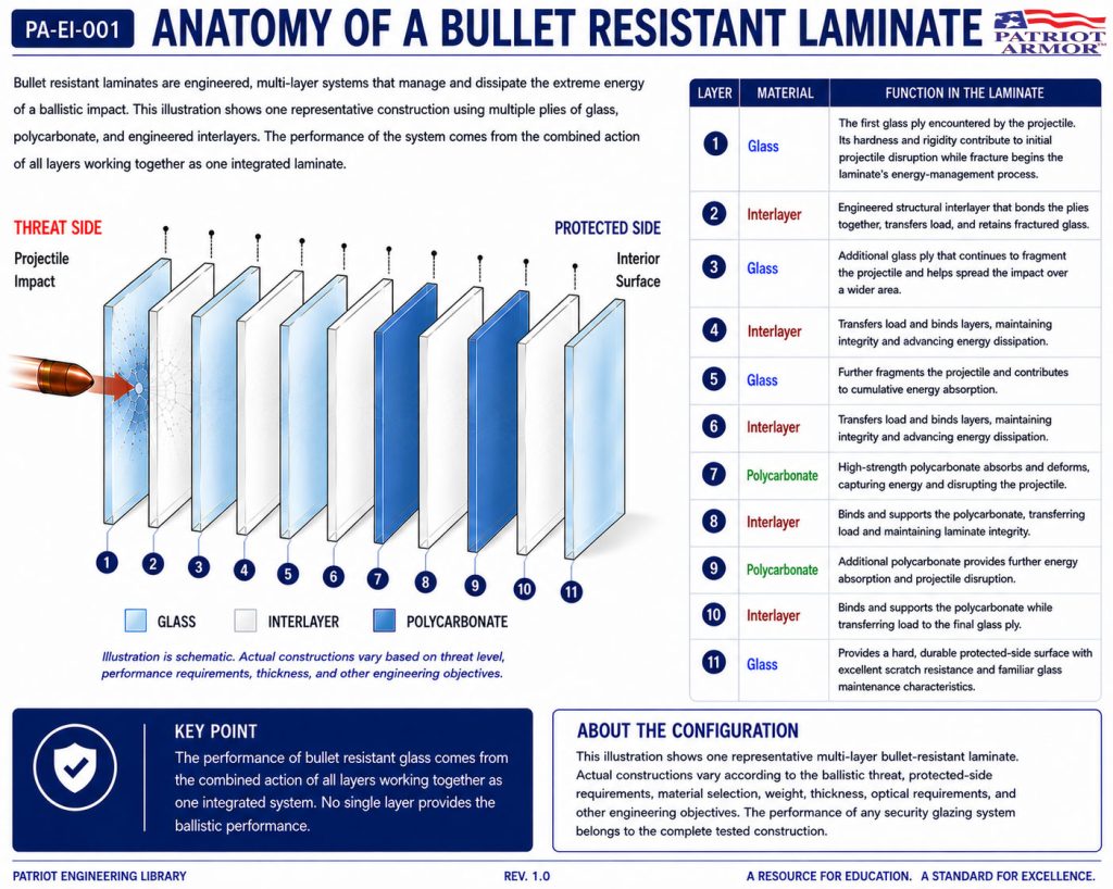 Exploded diagram showing 11 layers of glass, polycarbonate, and interlayers in a representative bullet resistant glass laminate from threat side to protected side." loading="eager